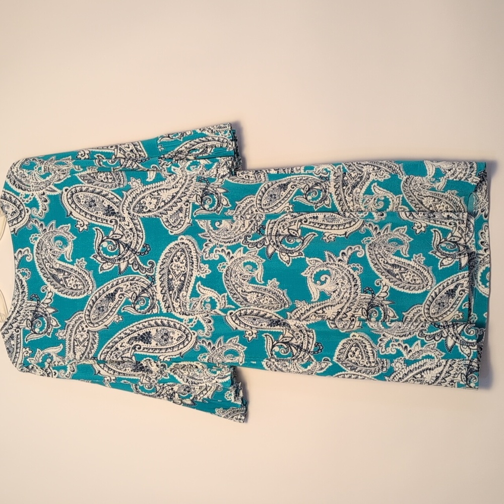 Sandra Darren Teal and Navy Paisley Long Sleeve Dress - Picture 4 of 9